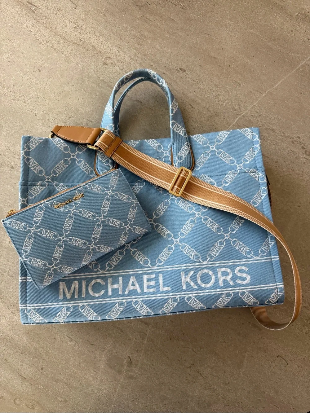 Michael Kors Light Blue Signature Canvas Tote with Tan Strap and wallet